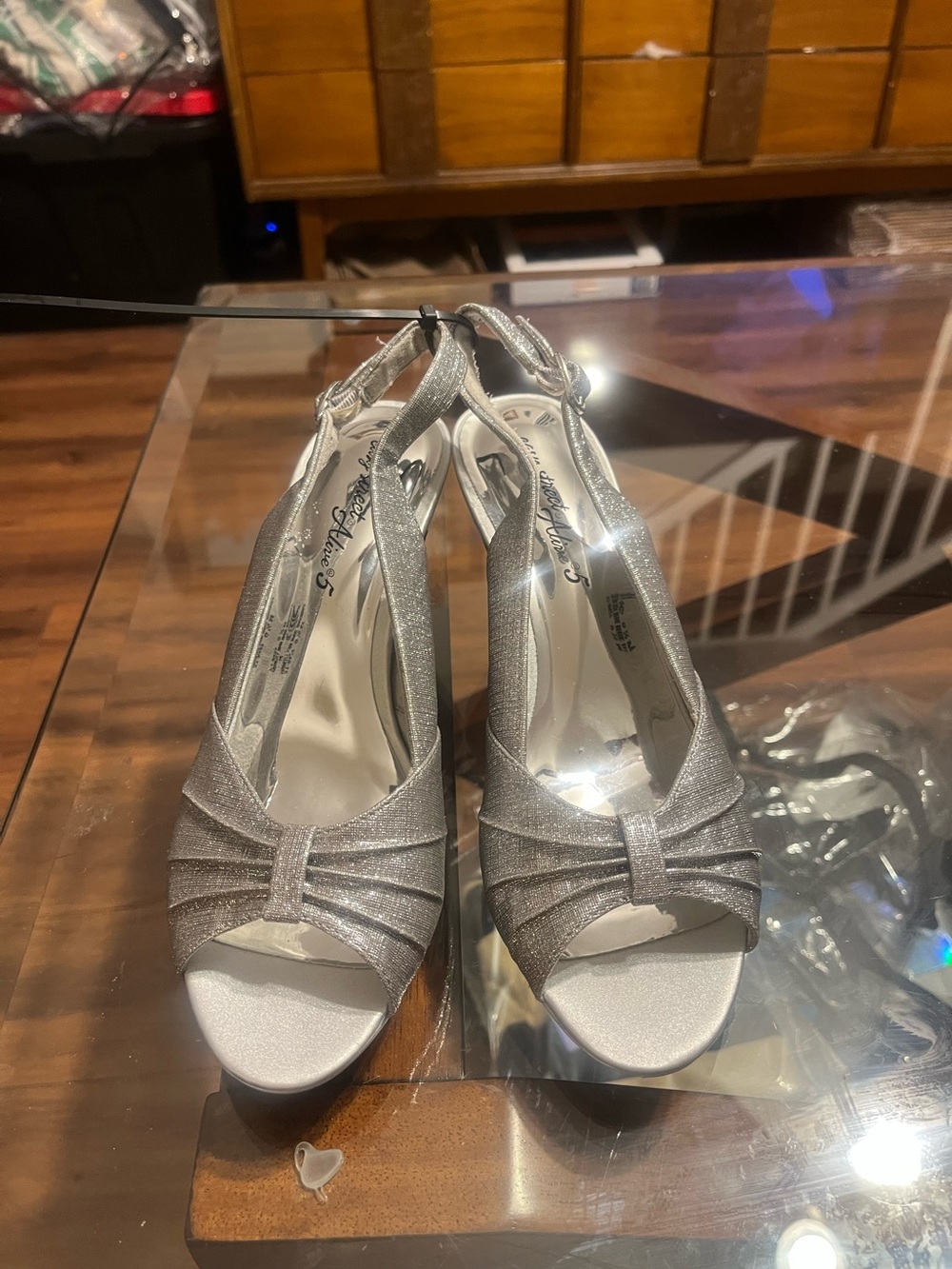 Easy street alive 5Women's Silver Peep-Toe Slingback Heels Elegant Evening Shoe